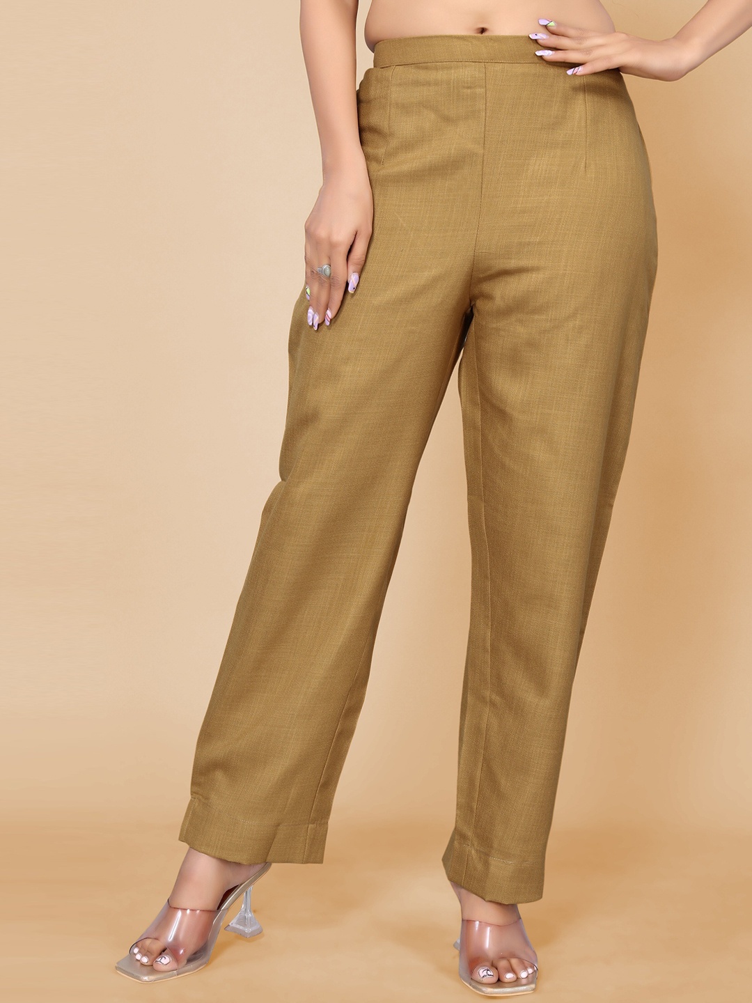 

Sangria Women Regular Fit Plain Cotton Trousers, Beige