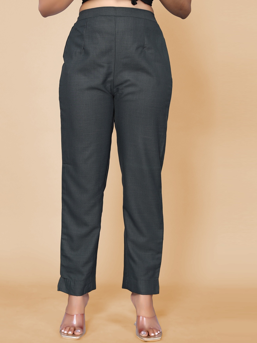 

Sangria Women Regular Fit Cotton Plain Trousers, Grey