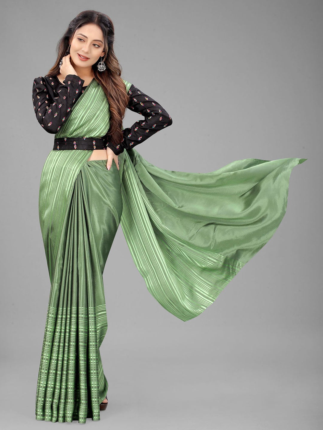 

Rangrasiya Corporation Striped Satin Ikat Saree, Green