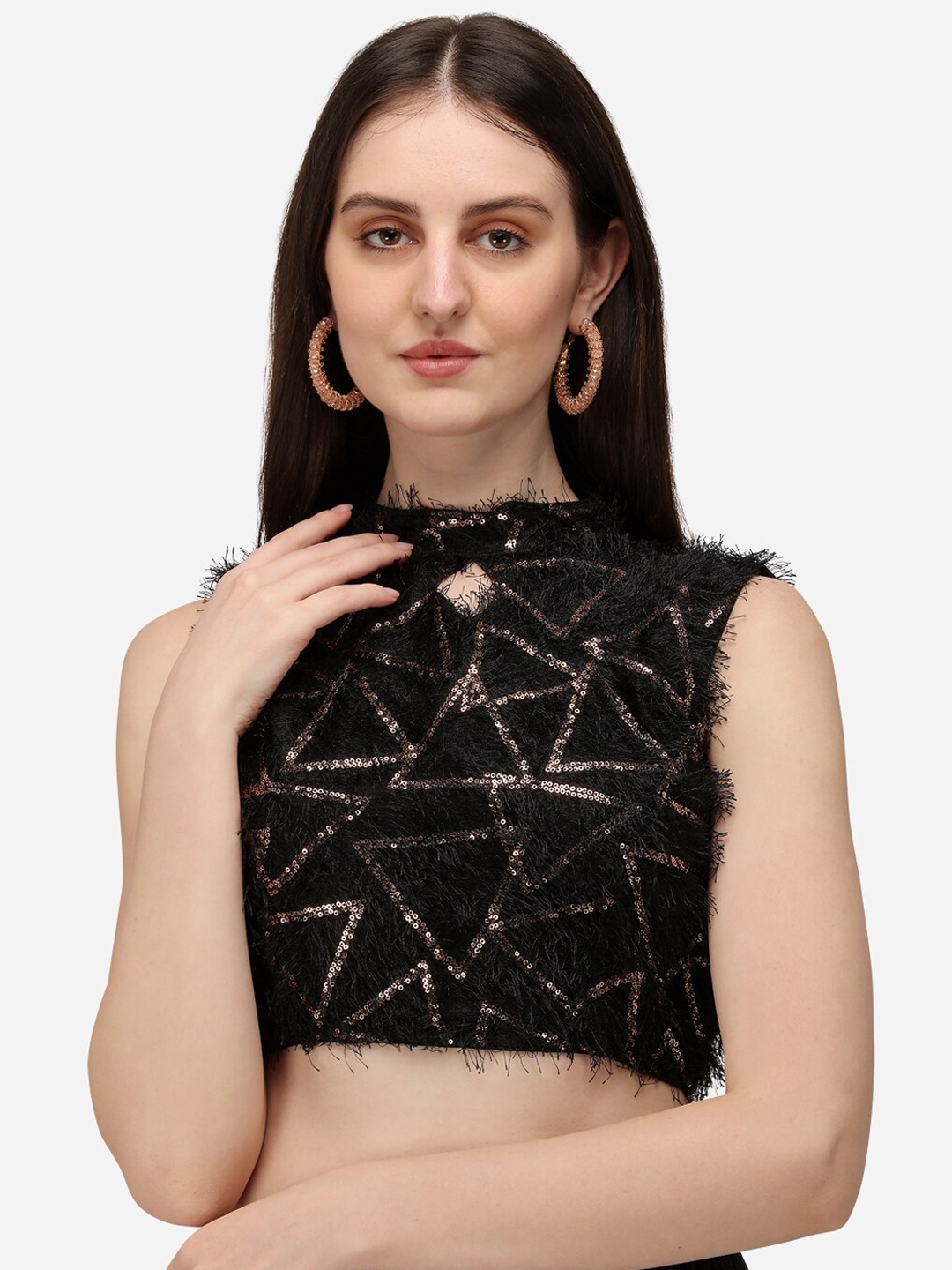 

Fab Dadu Embellished Sleeveless Silk Saree Blouse, Black