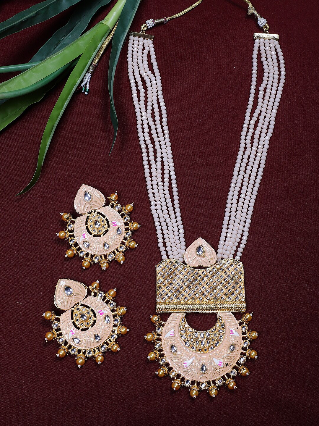 STEORRA JEWELS Gold-Plated Stone Studded & Beaded Jewellery Set