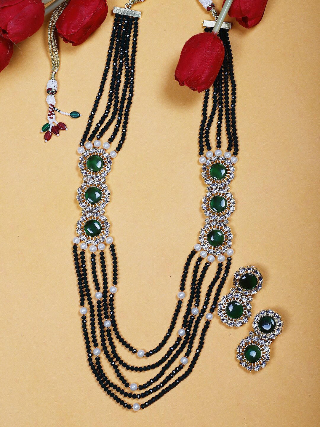 

STEORRA JEWELS Gold-Plated Kundan Stone-Studded & Beaded Jewellery Set, Green