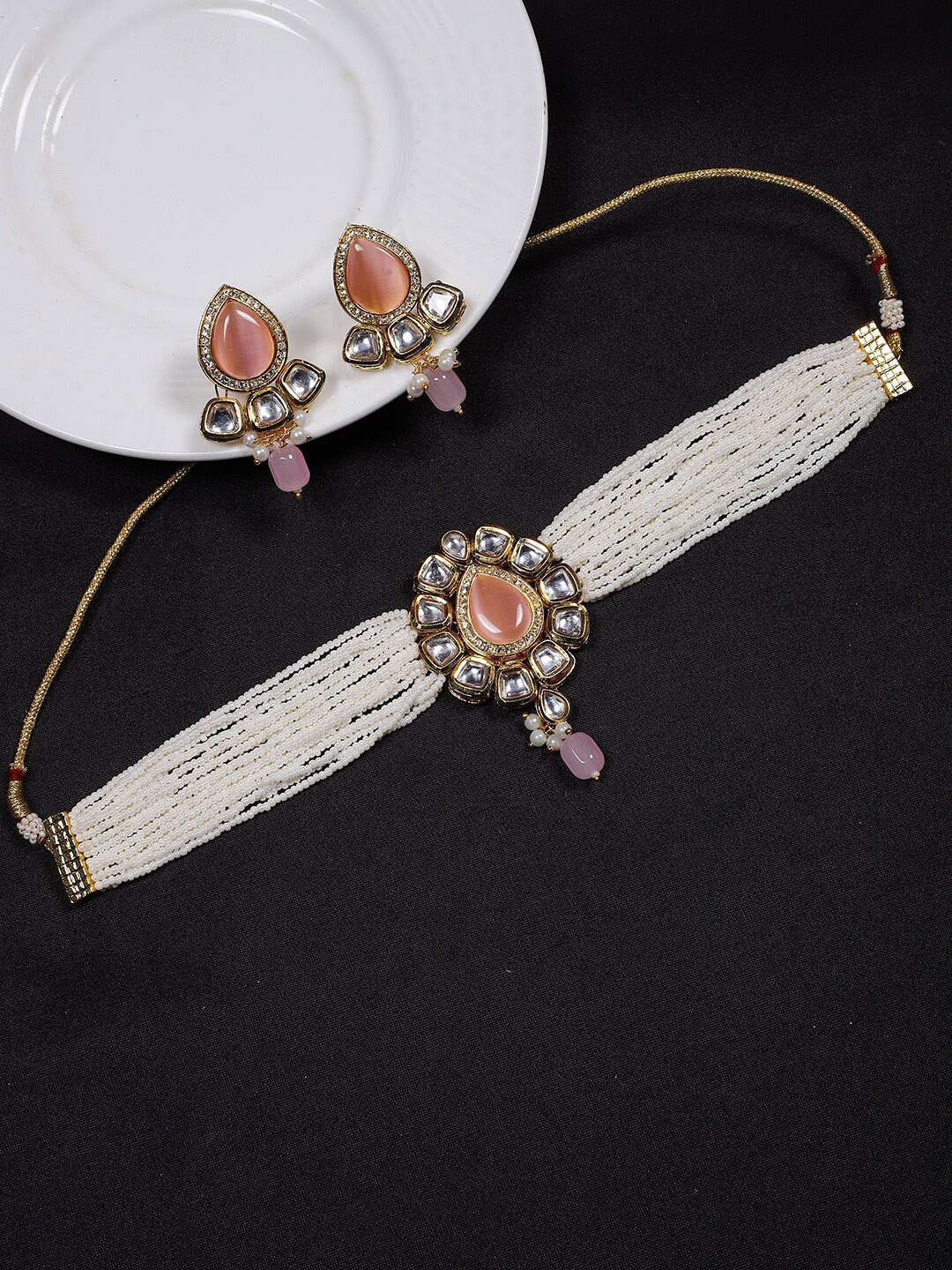

STEORRA JEWELS Gold-Plated Kundan Studded & Beaded Jewellery Set