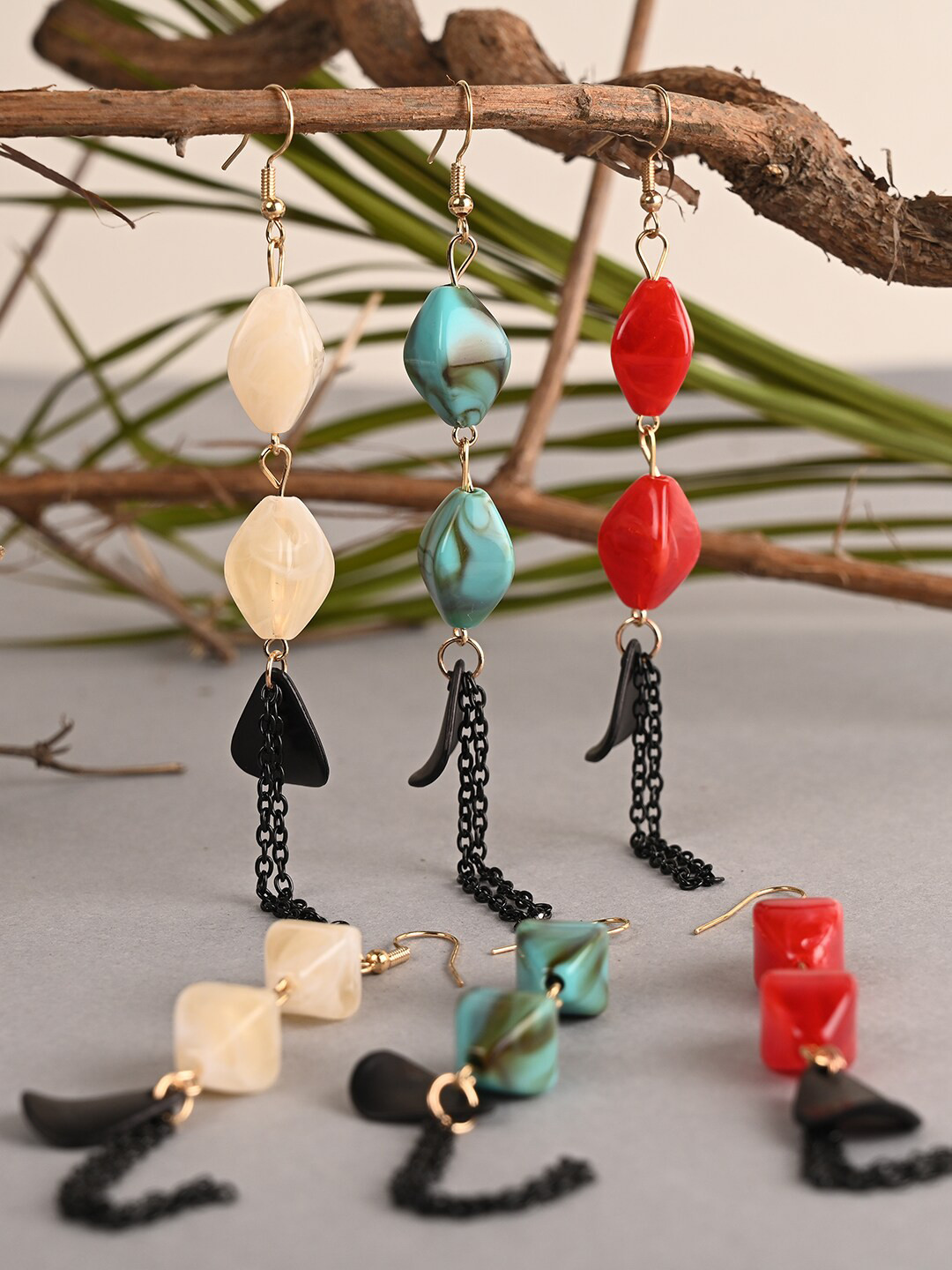 

BuckleUp Pack Of 3 Gold Plated Contemporary Drop Earrings, Red