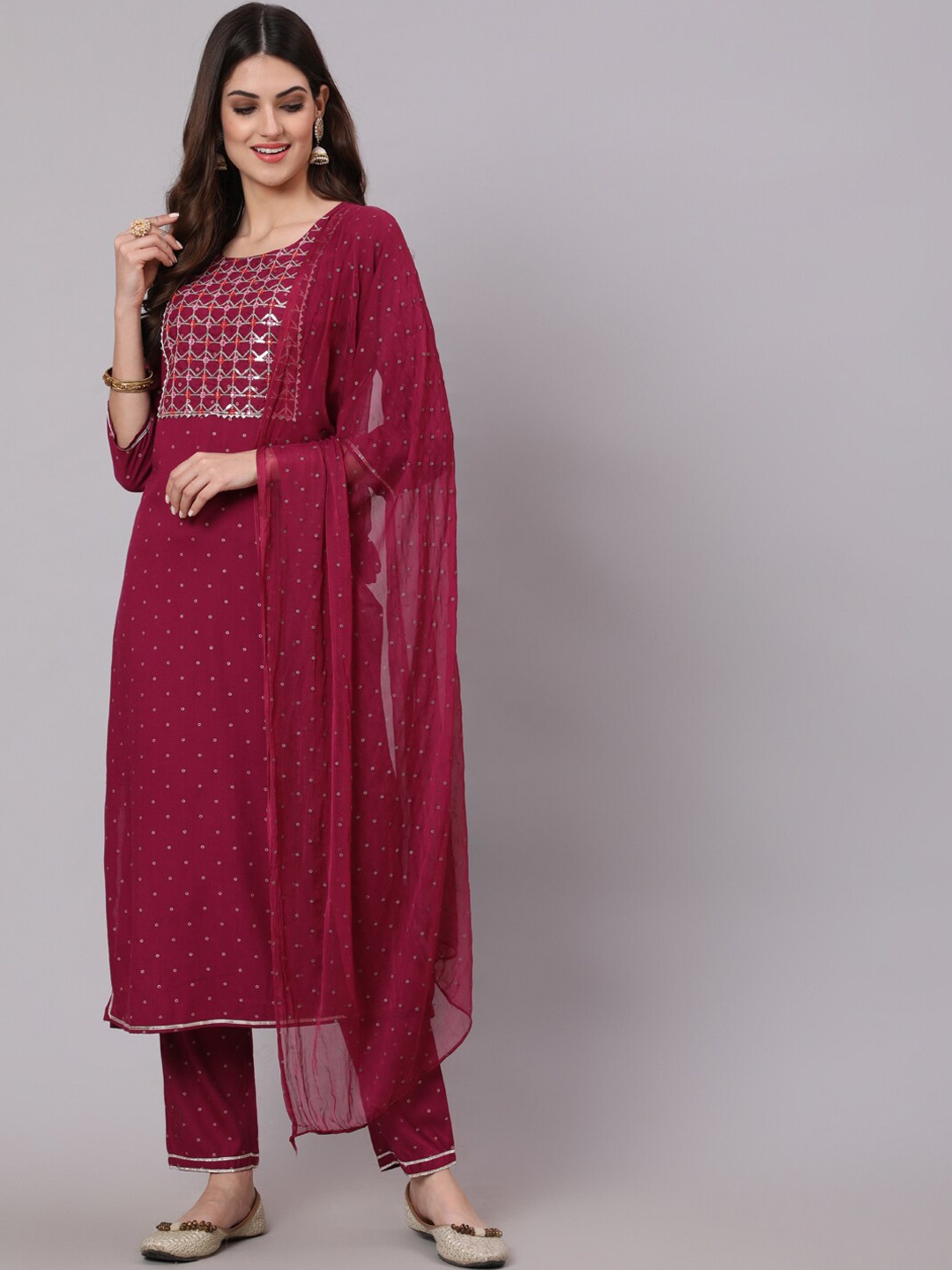 

KIMAYRA Printed Sequinned Kurta with Trousers & With Dupatta, Maroon