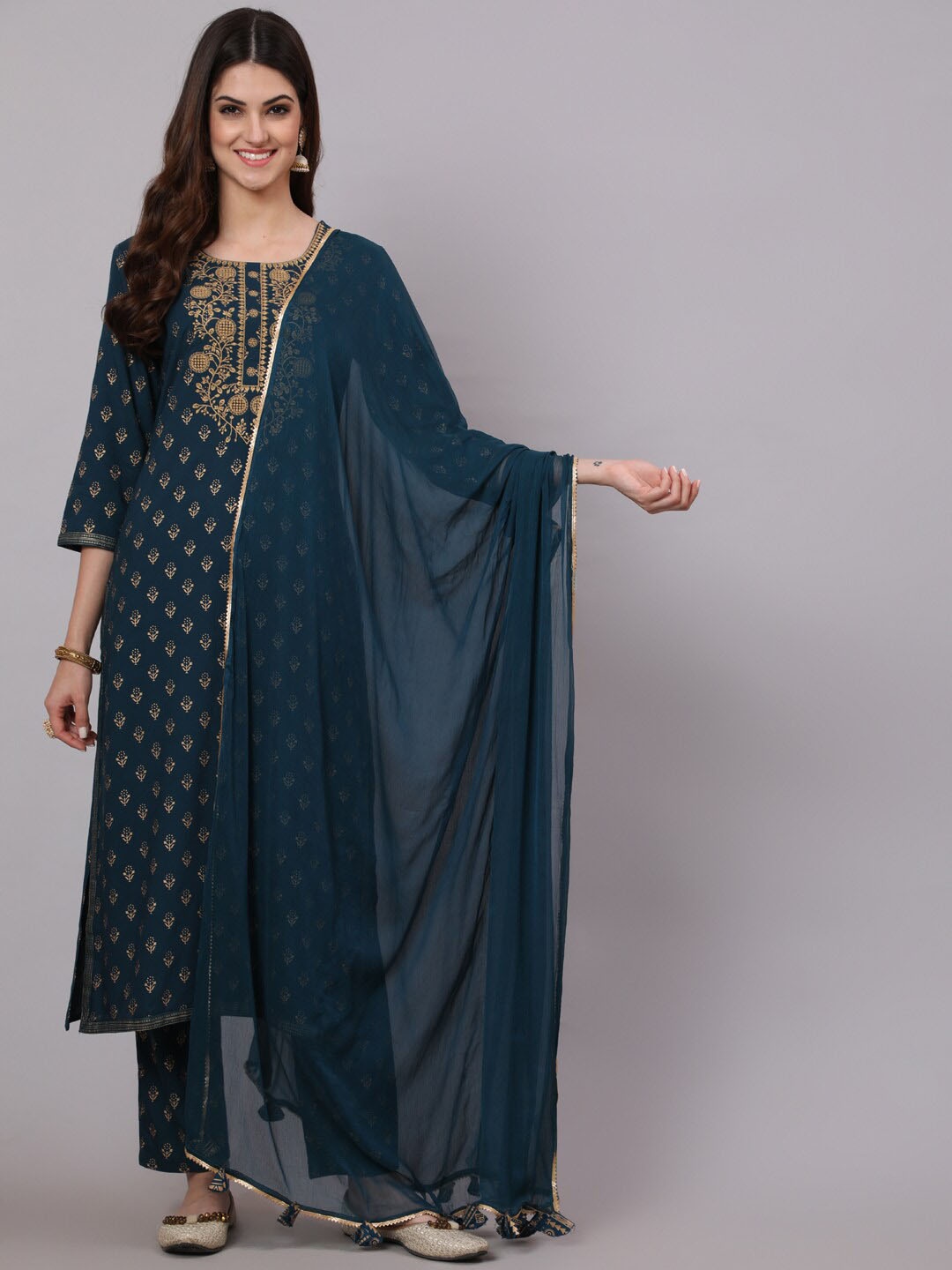 

KIMAYRA Printed Kurta with Trousers & With Dupatta, Teal