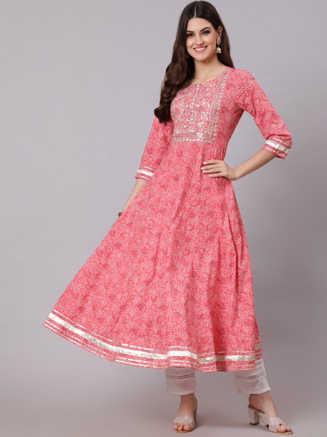 

KIMAYRA Floral Printed Mirror Work Anarkali Pleated Kurta, Pink