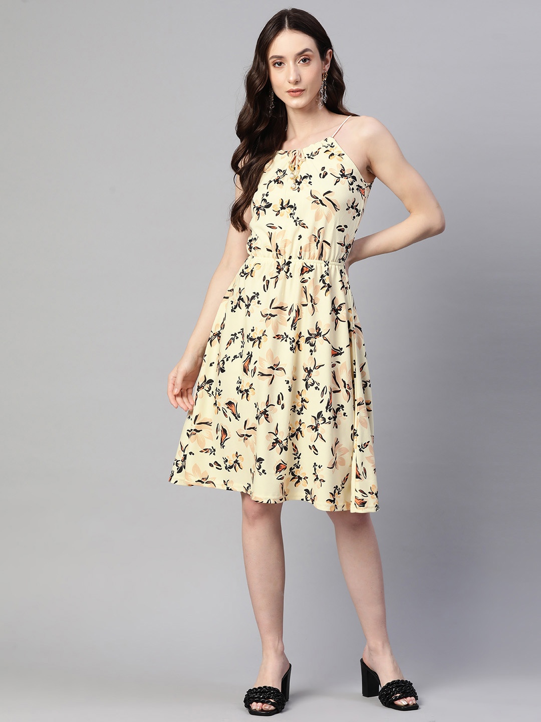 

RAJGRANTH Floral Print Tie-Up Neck Crepe A-Line Dress, Off white