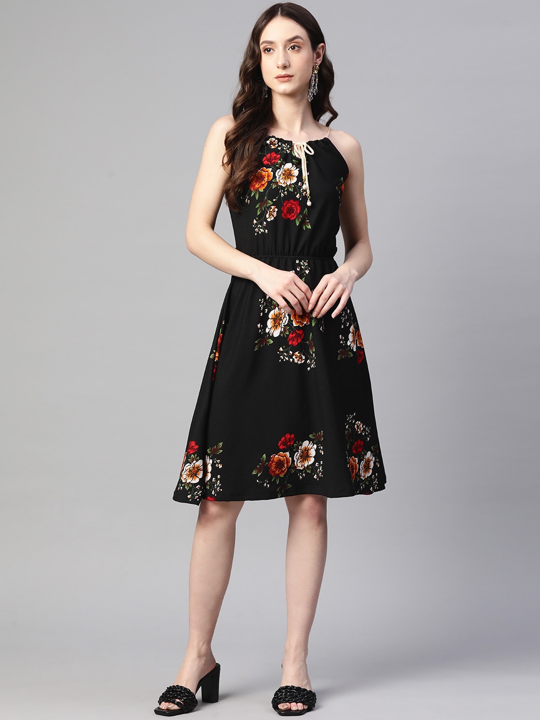 

RAJGRANTH Floral Print Tie-Up Neck Crepe A-Line Dress, Black