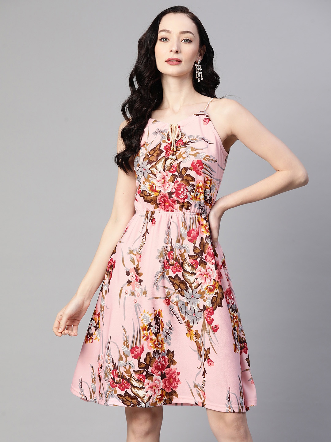 

RAJGRANTH Floral Print Tie-Up Neck Crepe A-Line Dress, Pink