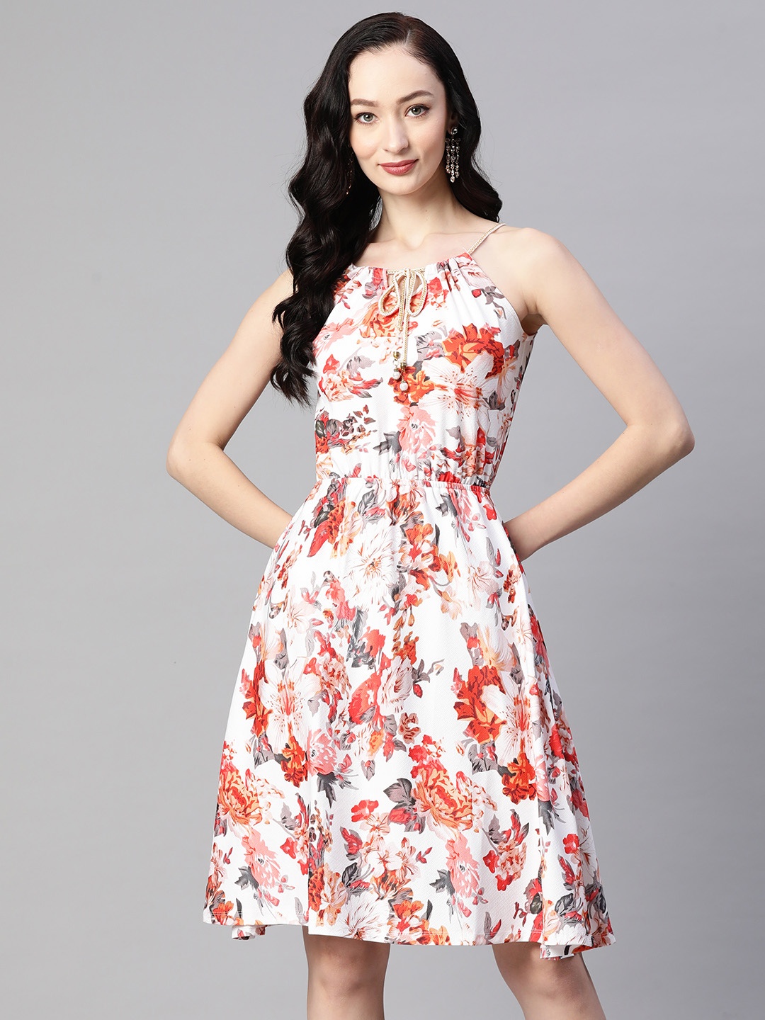 

RAJGRANTH Floral Print Tie-Up Neck Crepe A-Line Dress, White