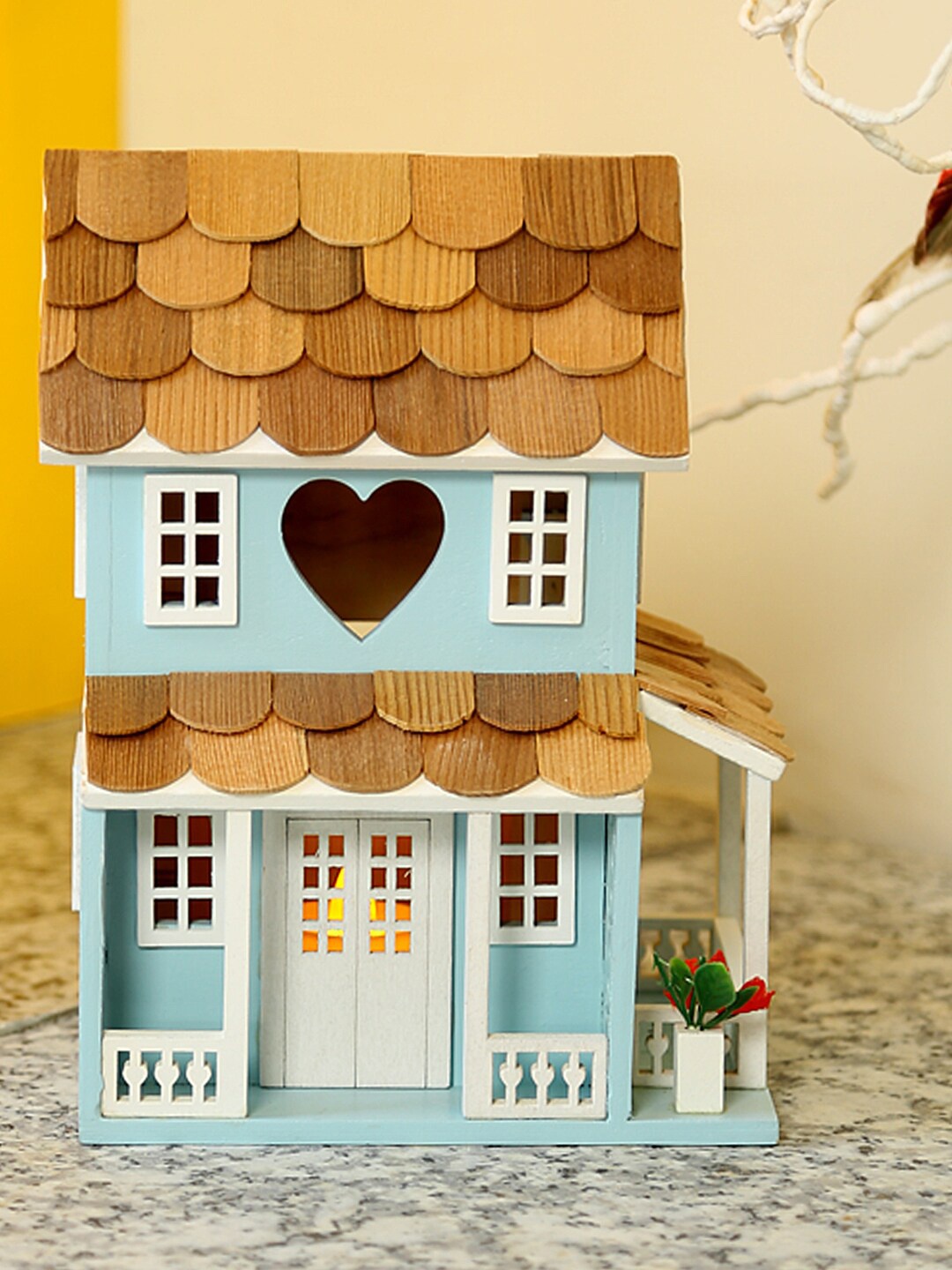 

TAYHAA Blue & Brown Textured Wooden Bird House Showpiece