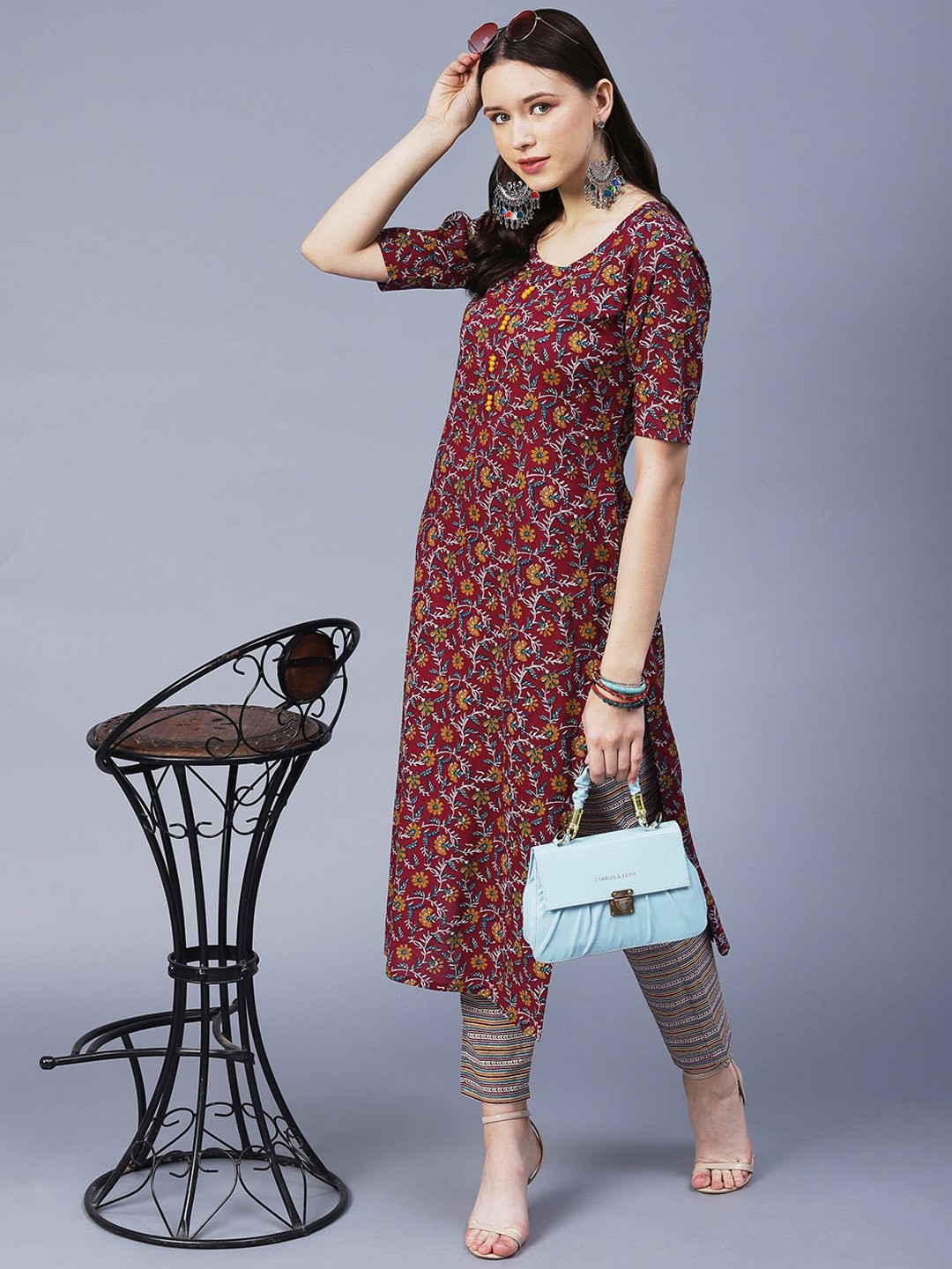 

KALINI Floral Printed Kurta with Trousers, Maroon