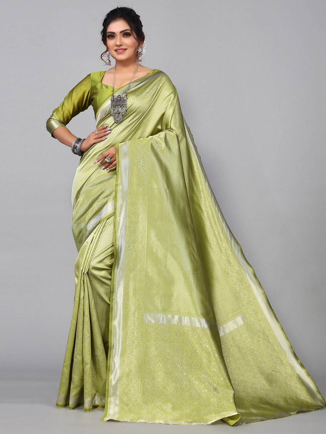 

Mitera Lime Ethnic Motifs Zari Kanjeevaram Saree, Lime green