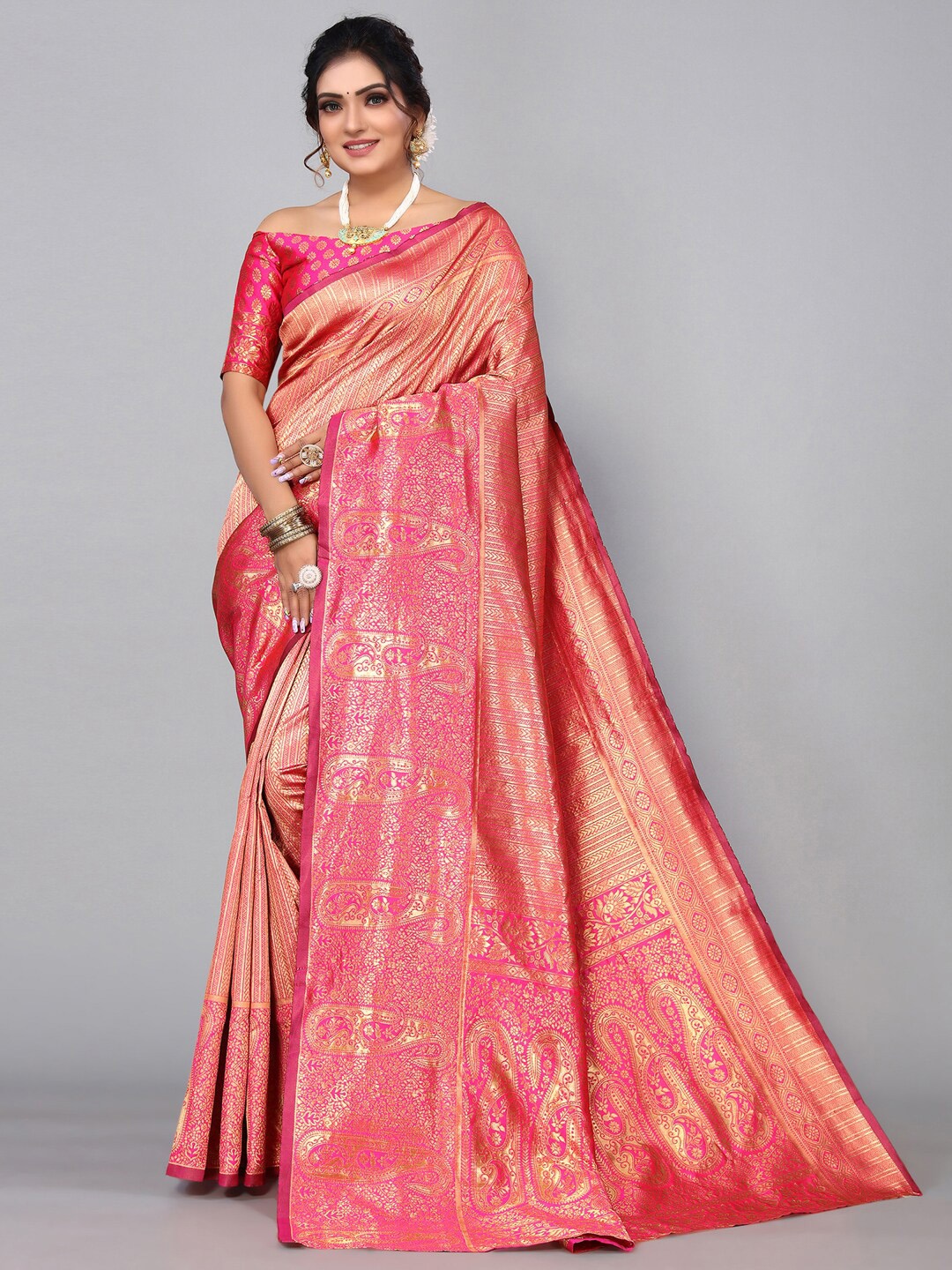 

Mitera Pink & Gold-Toned Woven Design Zari Kanjeevaram Saree