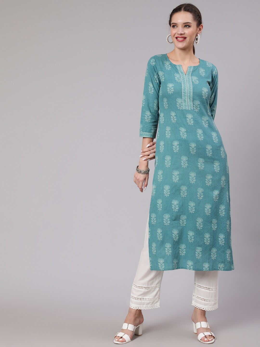 

Nayo Women Ethnic Motifs Printed Pure Cotton Kurta with Trousers, Sea green
