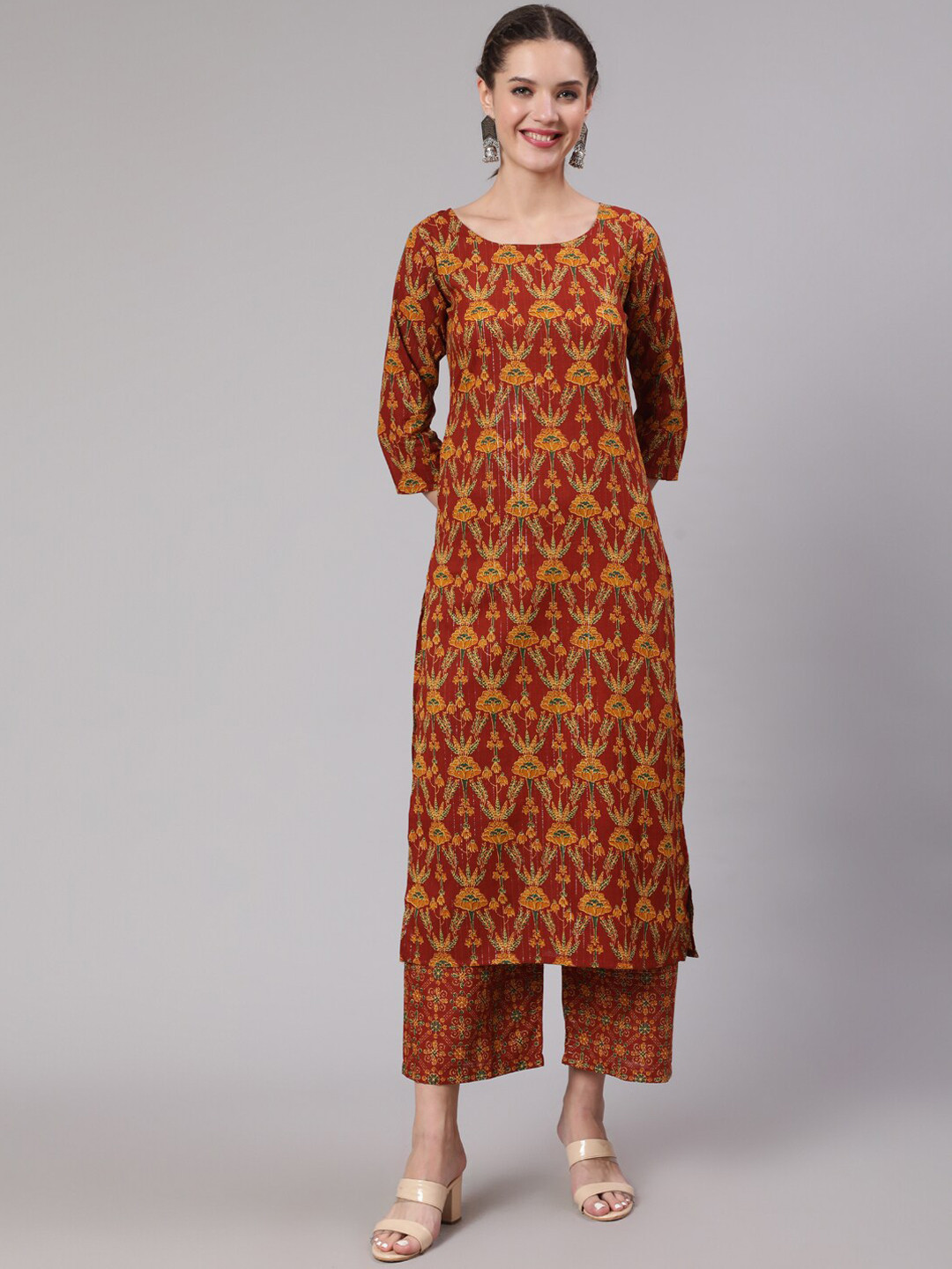 

Nayo Women Floral Printed Pure Cotton Kurta with Palazzos, Maroon