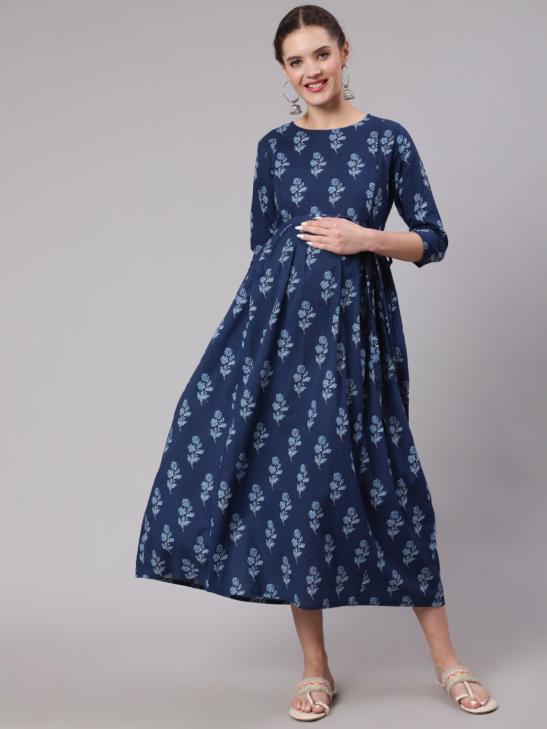 

Nayo Floral Printed Maternity Midi Cotton Fit & Flare Dress, Navy blue