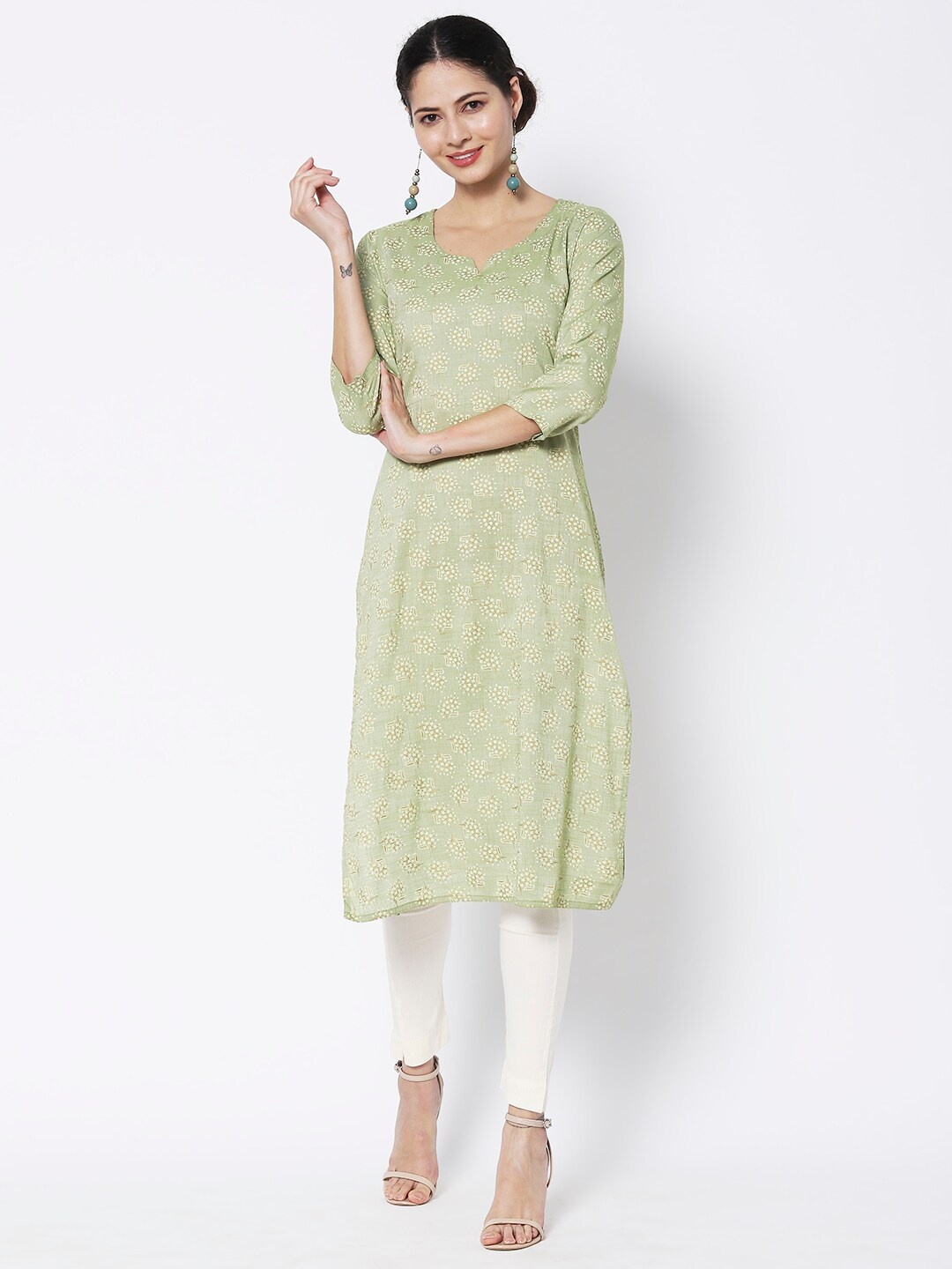 

Vedic Women Cotton Floral Printed Kurta, Green