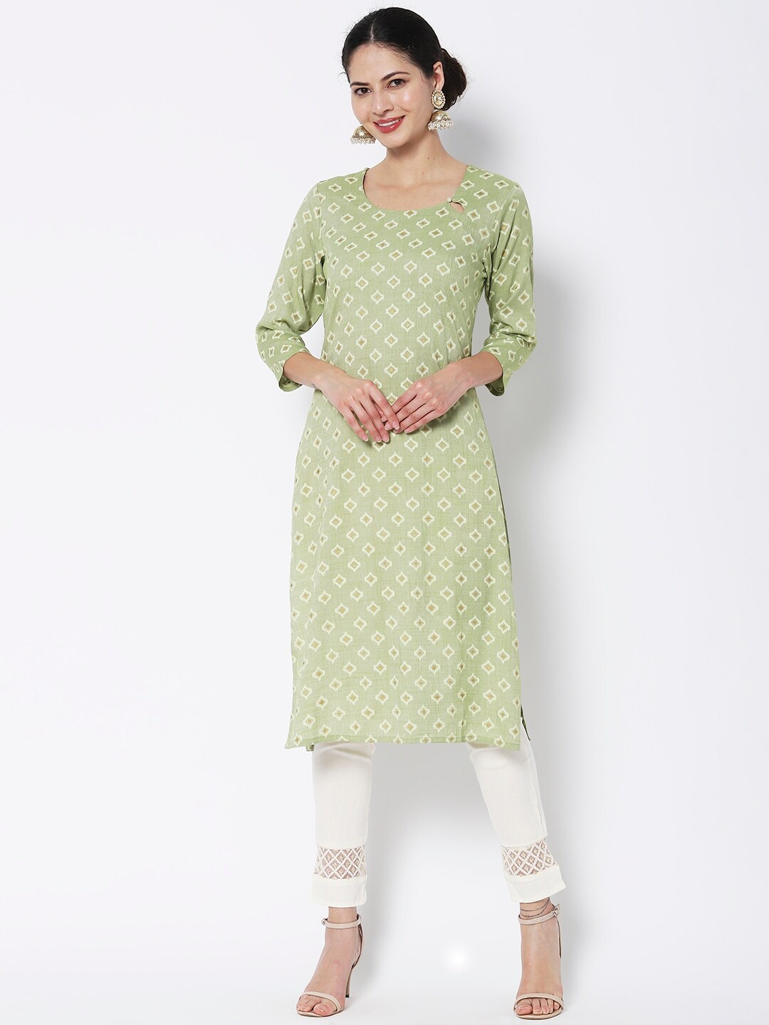 

Vedic Women Cotton Geometric Printed Kurta, Green