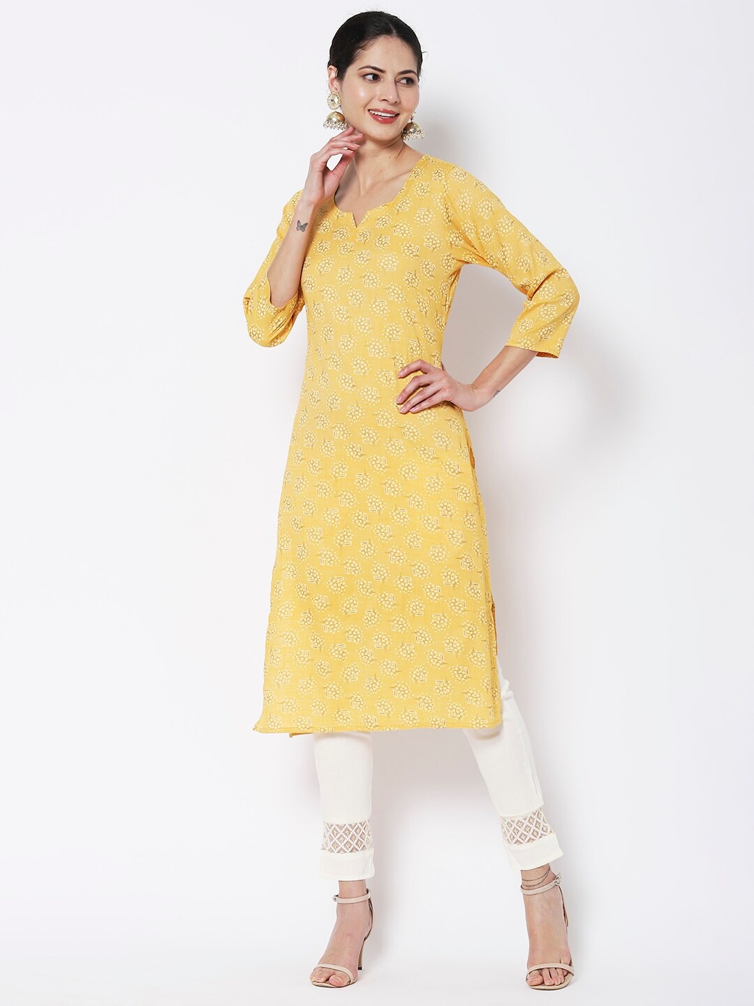 

Vedic Floral Printed Cotton Kurta, Yellow