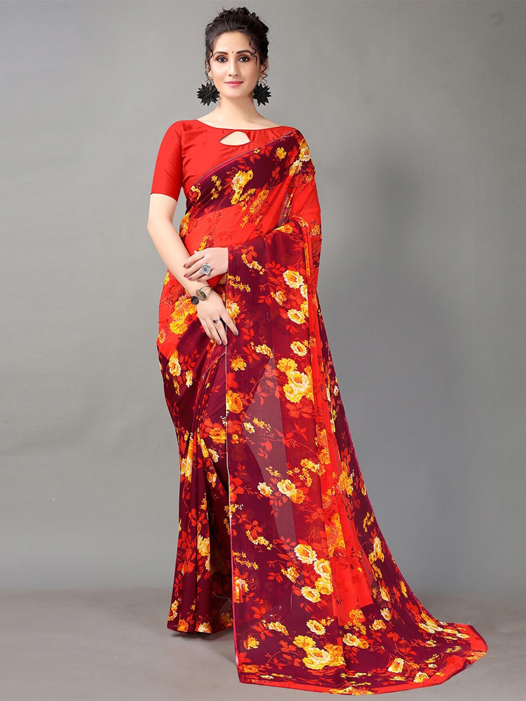 

HRITIKA Floral Printed Georgette Saree, Red