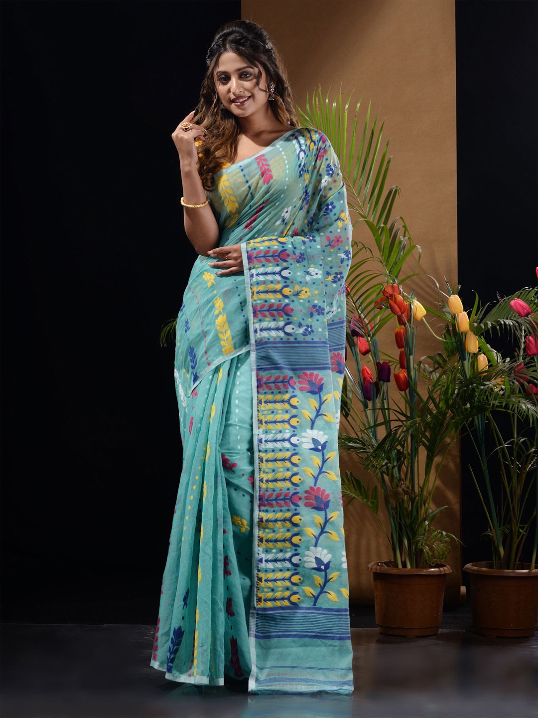 

Charukriti Ethnic Motifs Zari Silk Cotton Jamdani Saree, Sea green