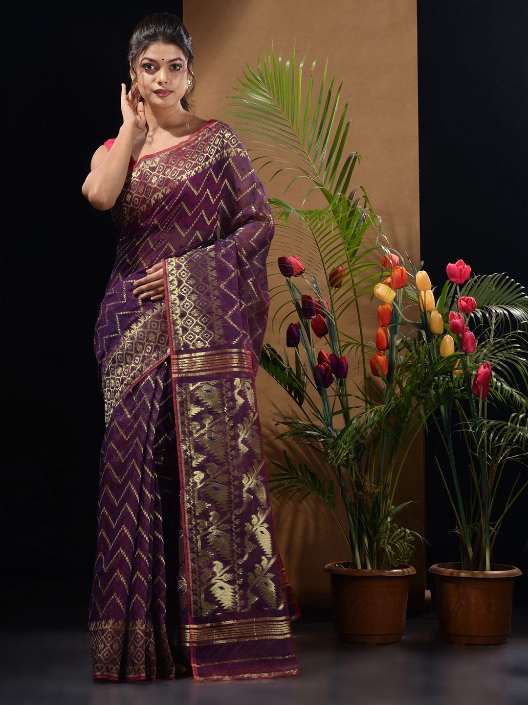 

Charukriti Zari Silk Cotton Jamdani Saree, Purple