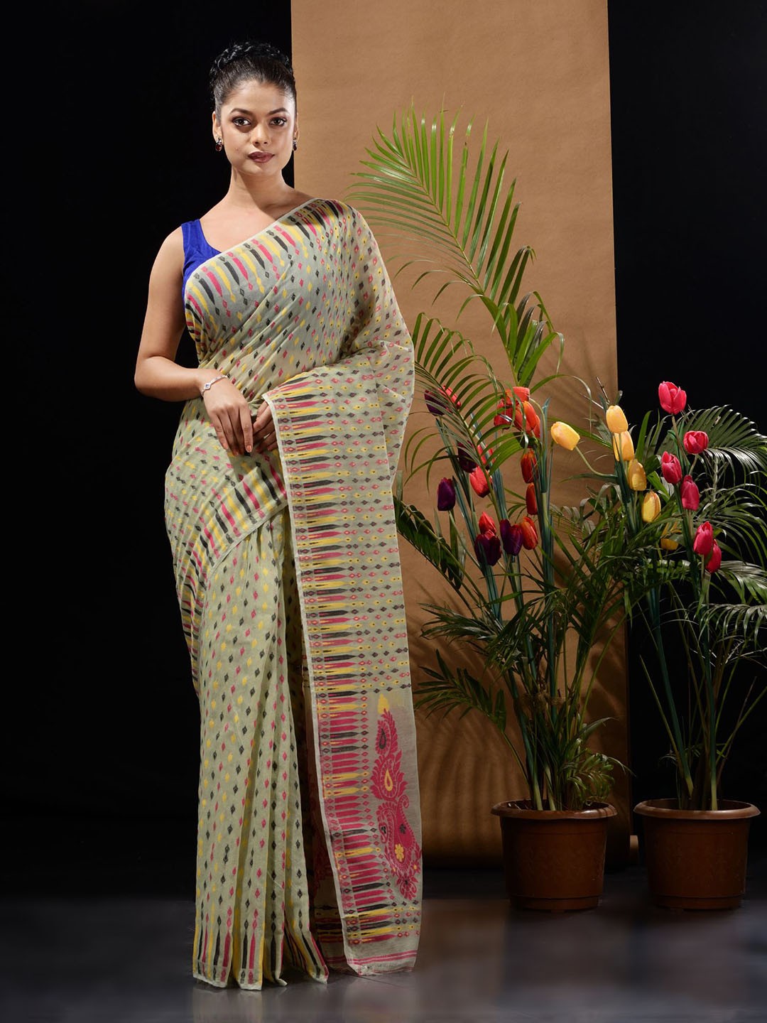

Charukriti Ethnic Motifs Silk Cotton Jamdani Saree, Green