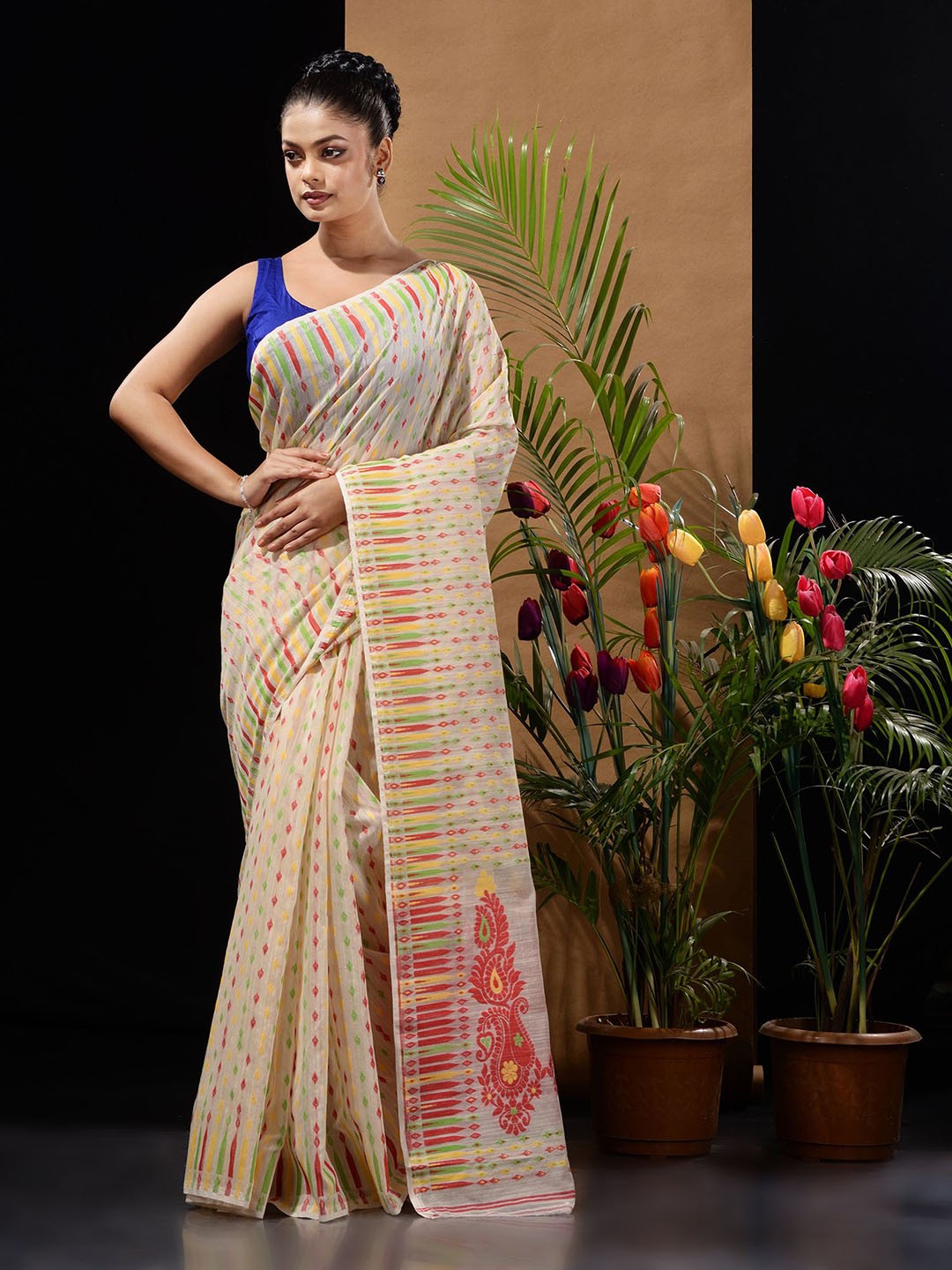 

Charukriti Ethnic Motifs Silk Cotton Jamdani Saree, Off white