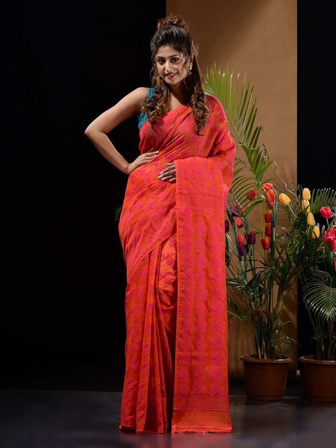 

Charukriti Ethnic Motifs Silk Cotton Jamdani Saree, Orange