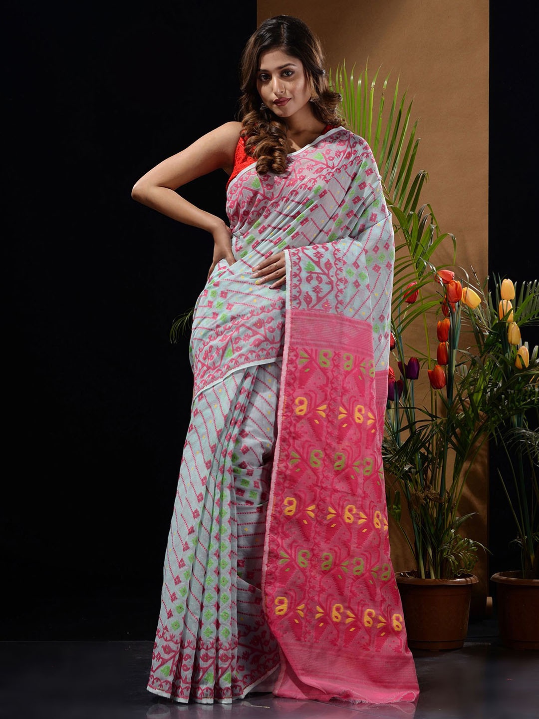 

Charukriti Silk Cotton Jamdani Saree, Sea green