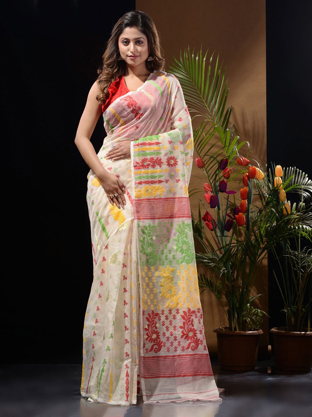 

Charukriti Woven Design Silk Cotton Jamdani Saree, White