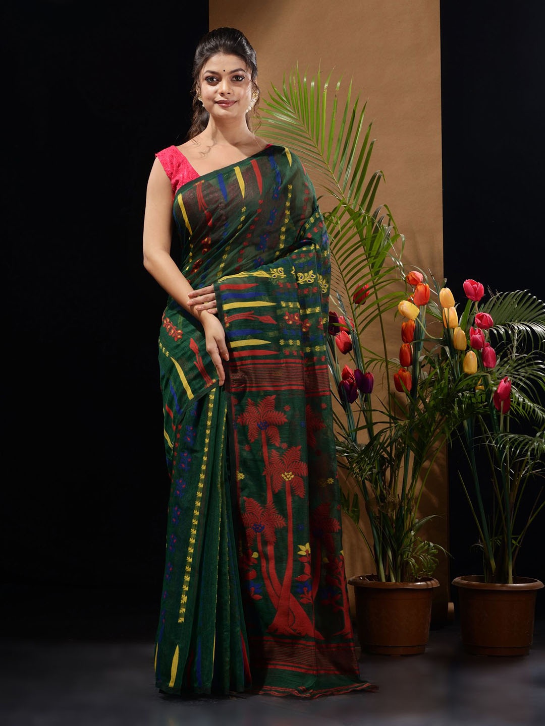

Charukriti Ethnic Motifs Silk Cotton Jamdani Saree, Green