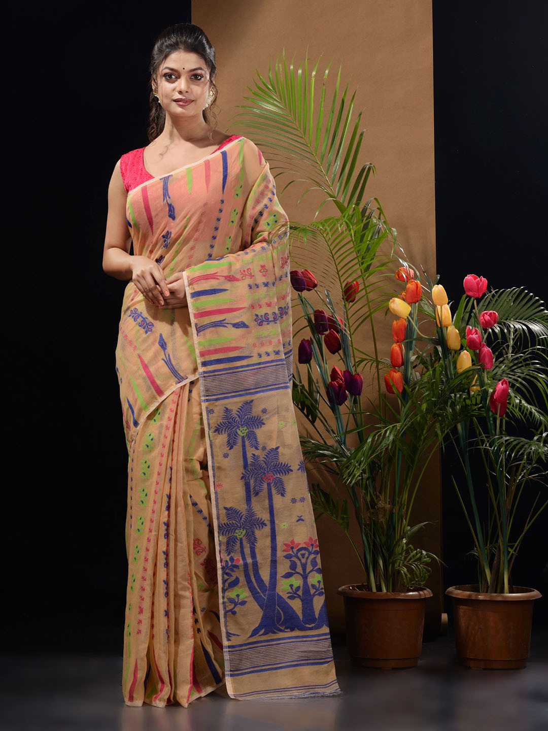 

Charukriti Ethnic Motifs Silk Cotton Jamdani Saree, Beige