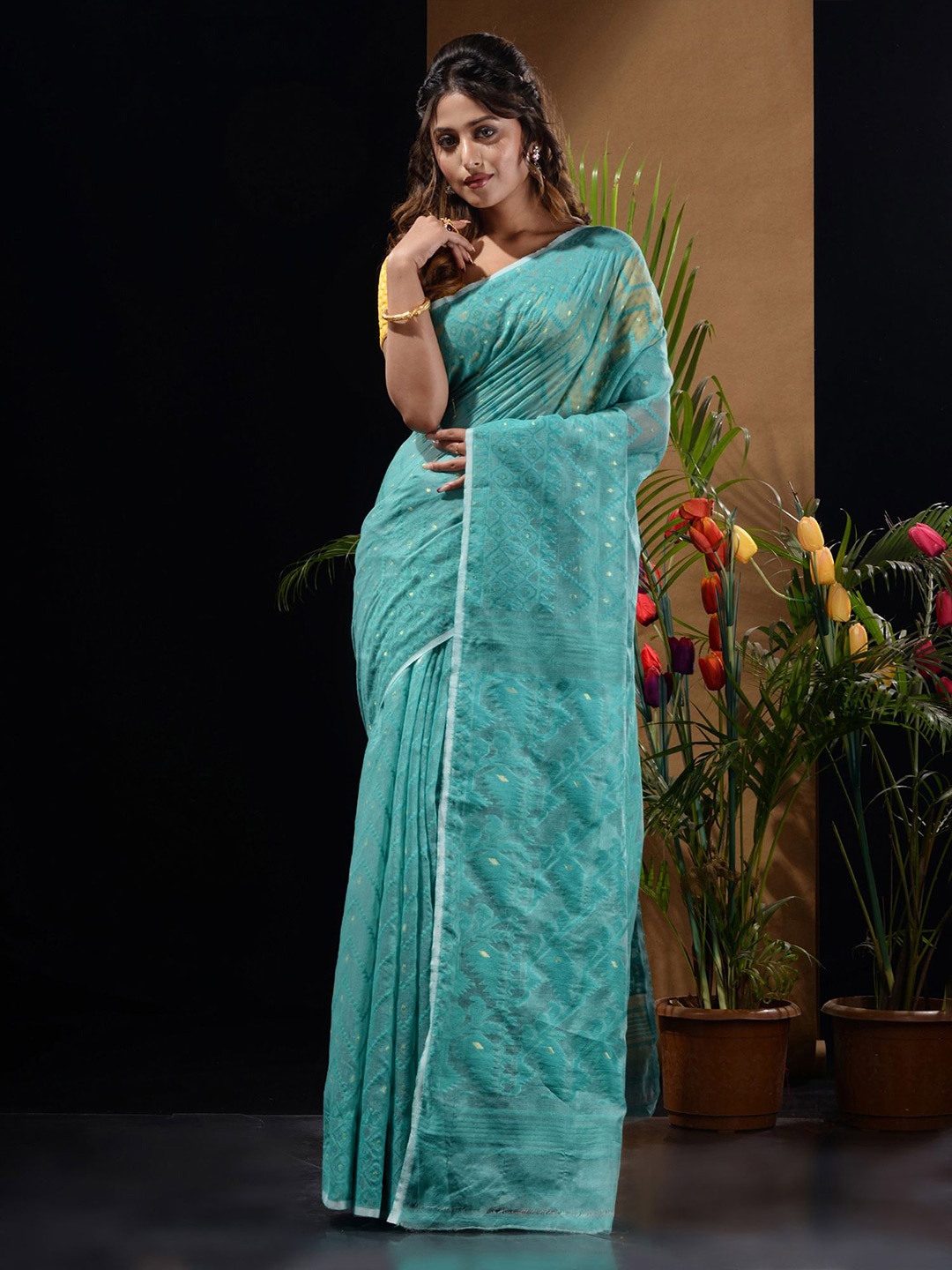 

Charukriti Woven Design Jamdani Saree, Sea green