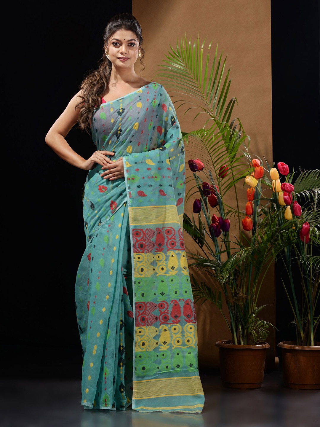 

Charukriti Woven Design Jamdani Saree, Sea green