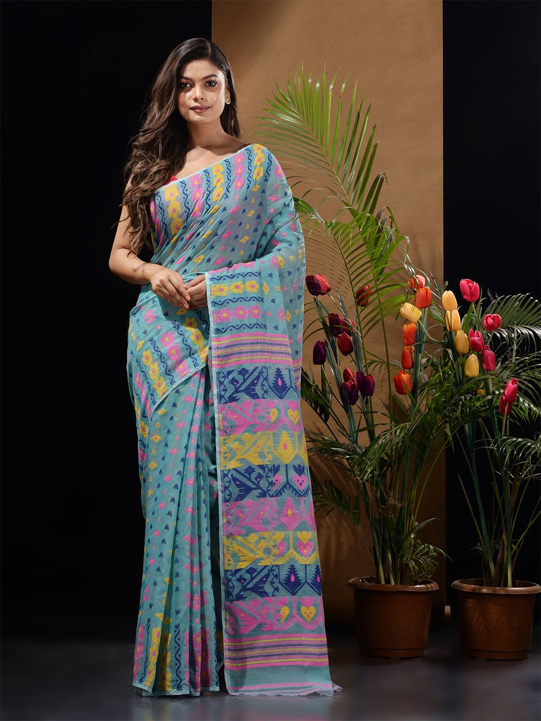 

Charukriti Woven Design Silk Cotton Jamdani Saree, Blue