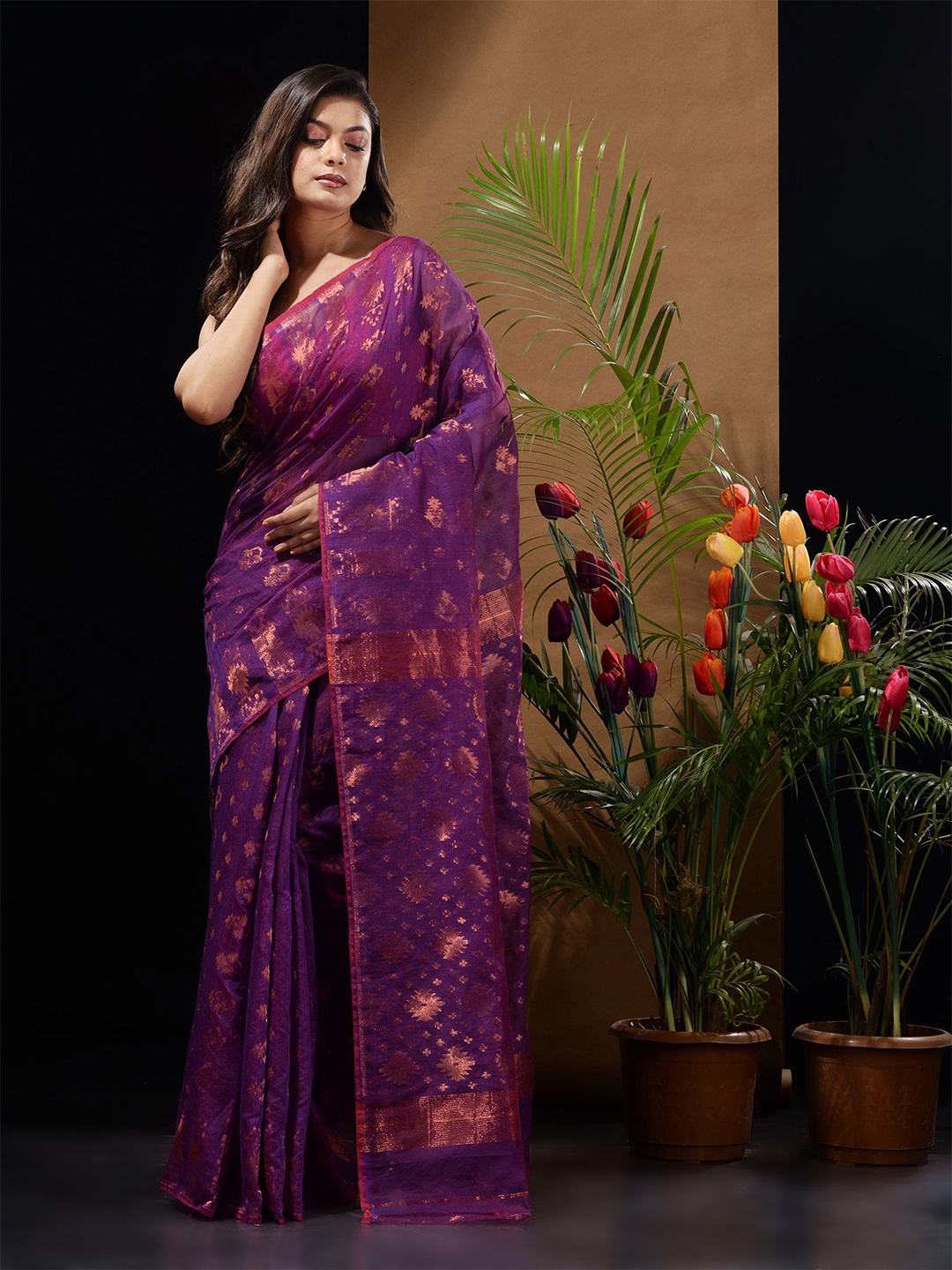 

Charukriti Zari Silk Cotton Jamdani Saree, Purple