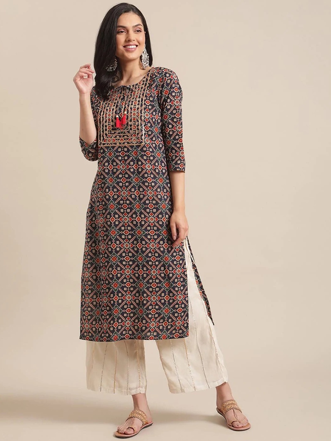 

KALINI Ethnic Motifs Printed Cotton Kurta, Brown