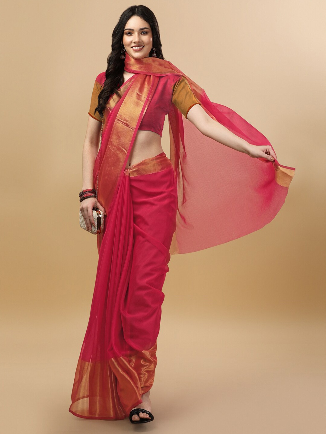 

KALINI Zari Pure Georgette Ilkal Saree, Pink