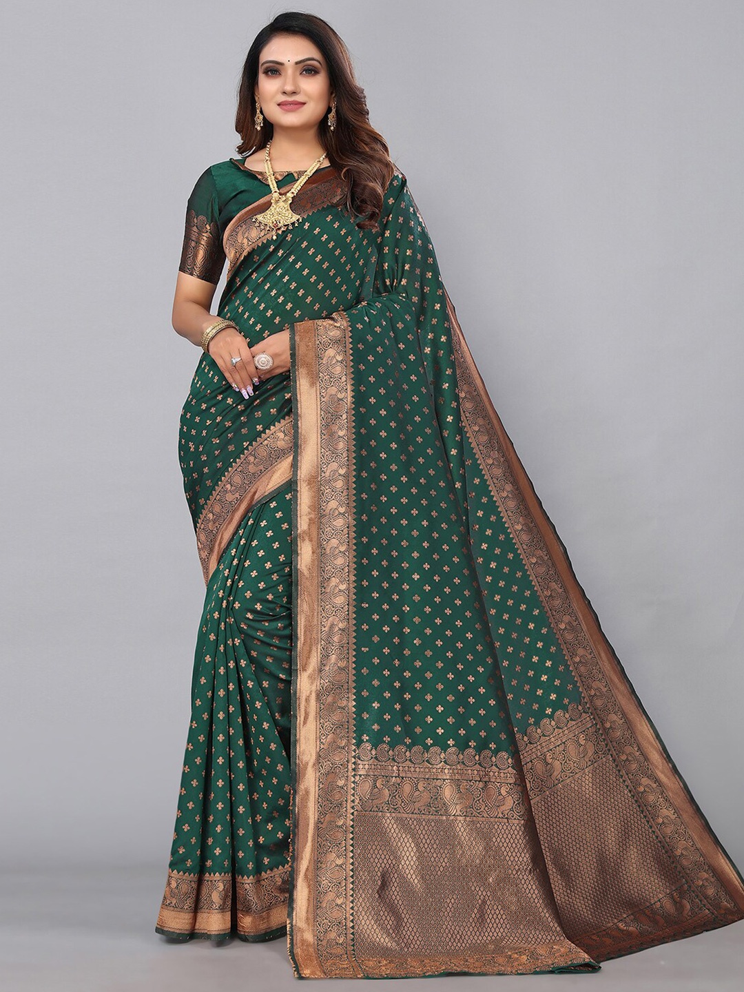 

SIRIL Green & Copper-Toned Woven Design Banarasi Saree
