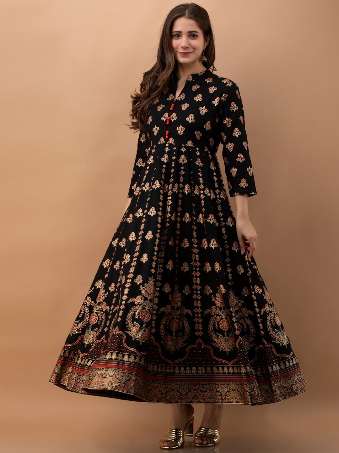 

PURSHOTTAM WALA Ethnic Motifs Printed Thread Work Floral Anarkali Kurta, Black