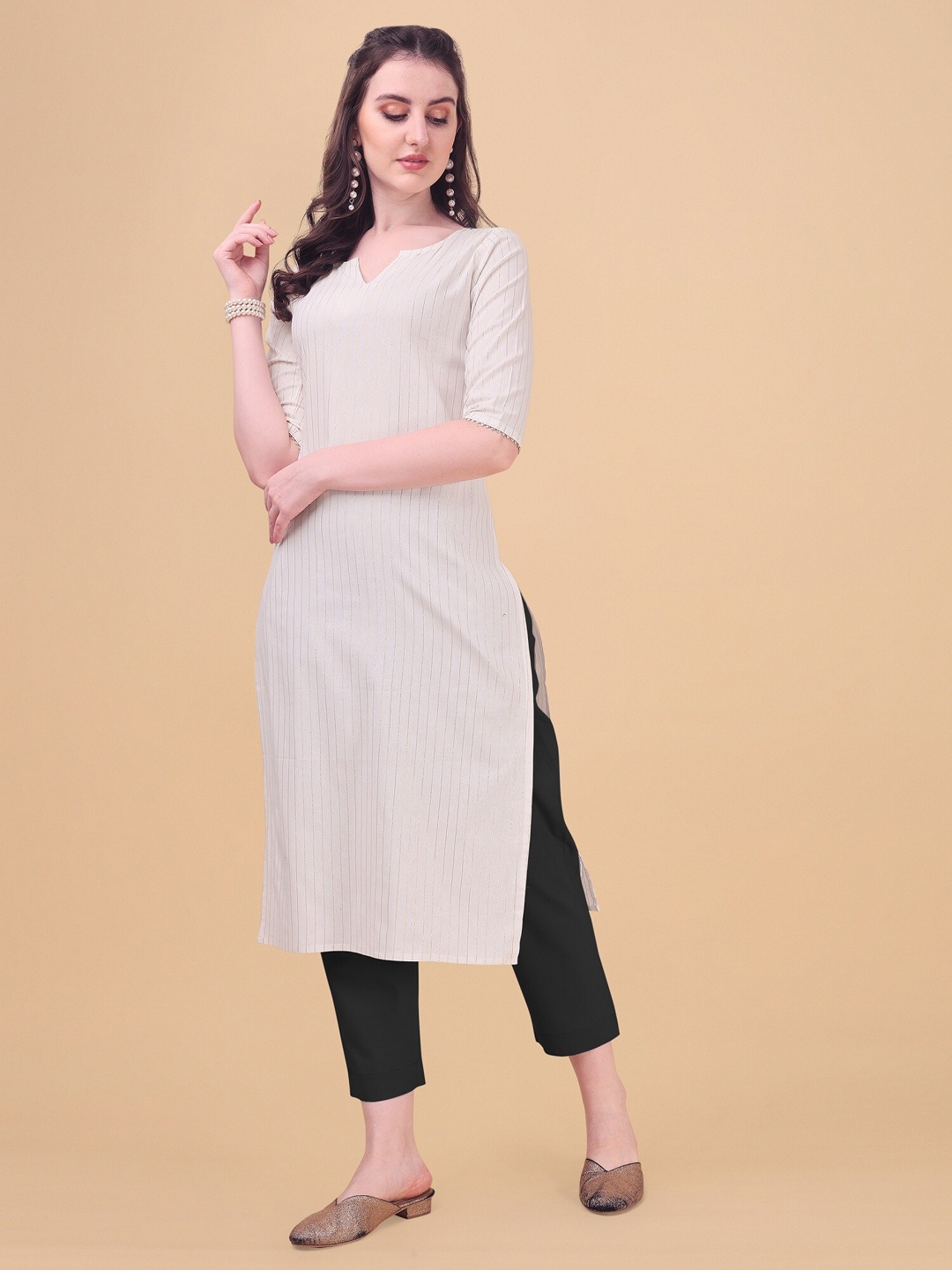 

Yashika Striped Cotton Kurta, White