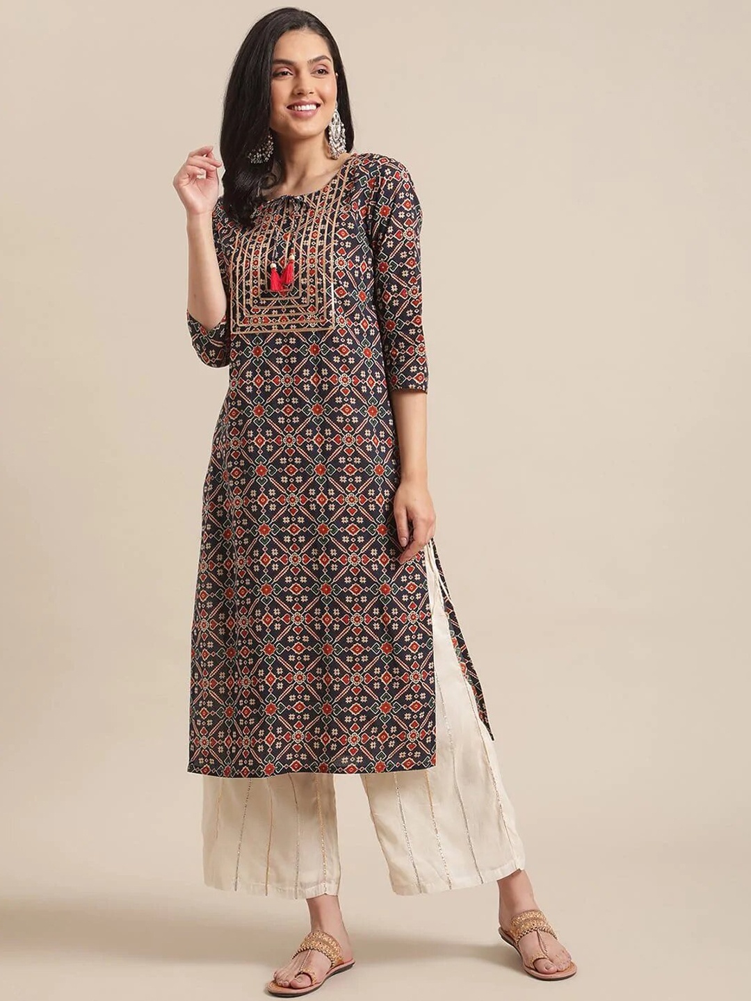 

Yashika Ethnic Motifs Printed Cotton Handloom Kurta, Brown