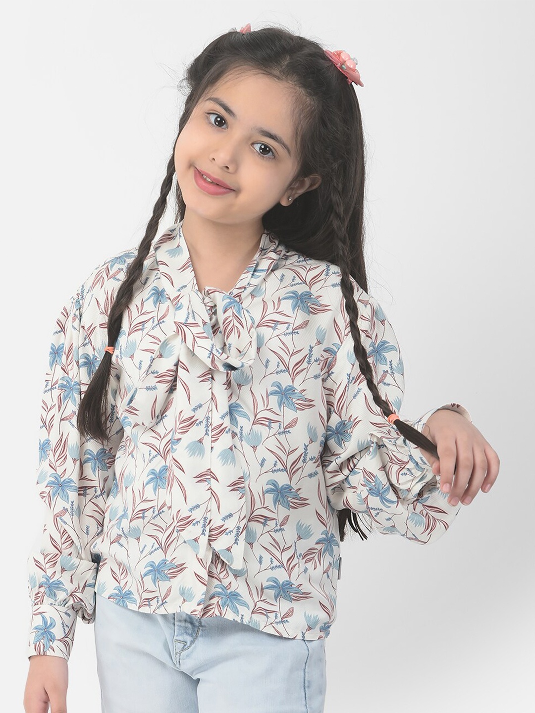 

Crimsoune Club Floral Print Tie-Up Neck Shirt Style Top, Beige