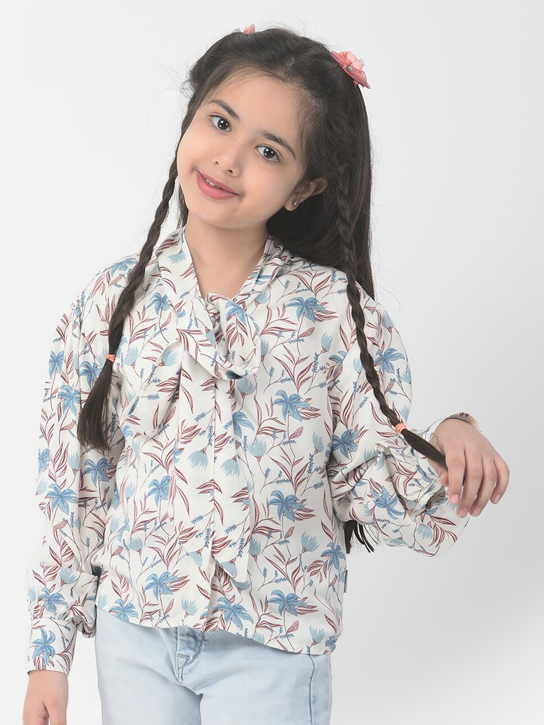 

Crimsoune Club Floral Print Tie-Up Neck Shirt Style Top, White
