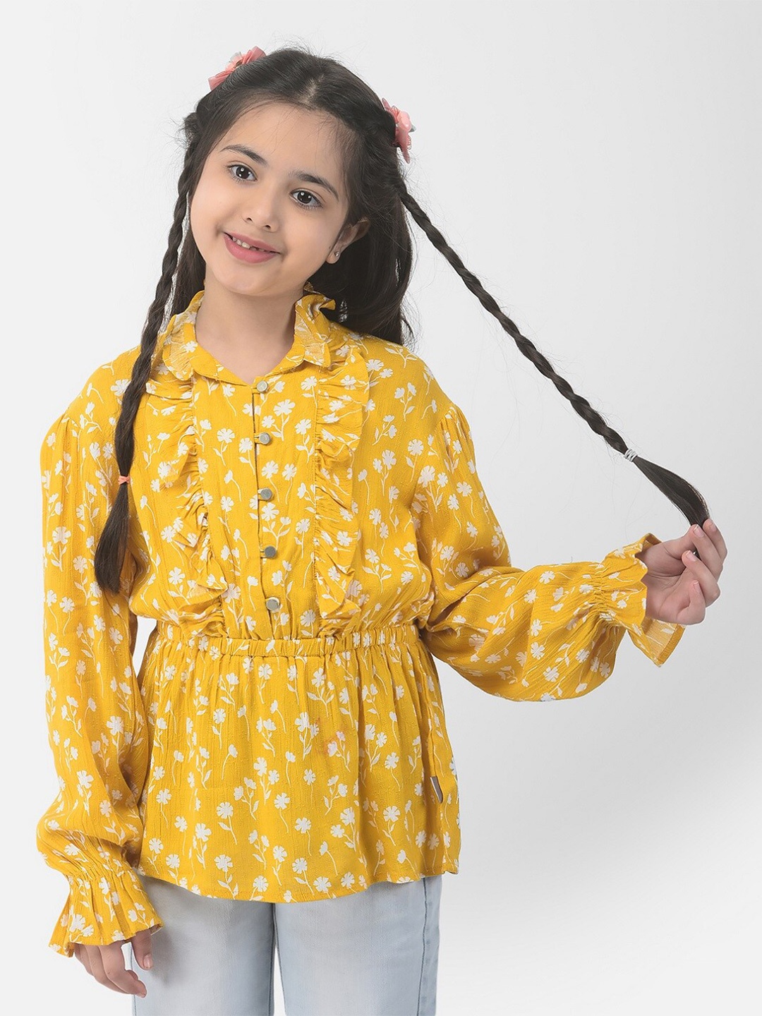 

Crimsoune Club Girls Floral Print Cinched Waist Longline Top, Yellow