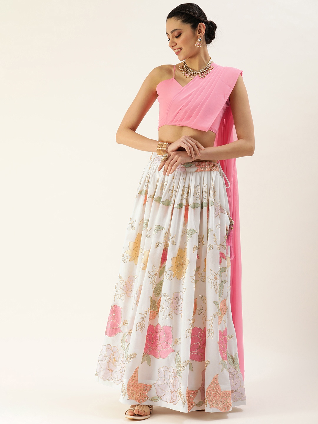 

LOOKNBOOK ART White & Pink Georgette with Sequins & Thread Embroidery Lehenga Choli