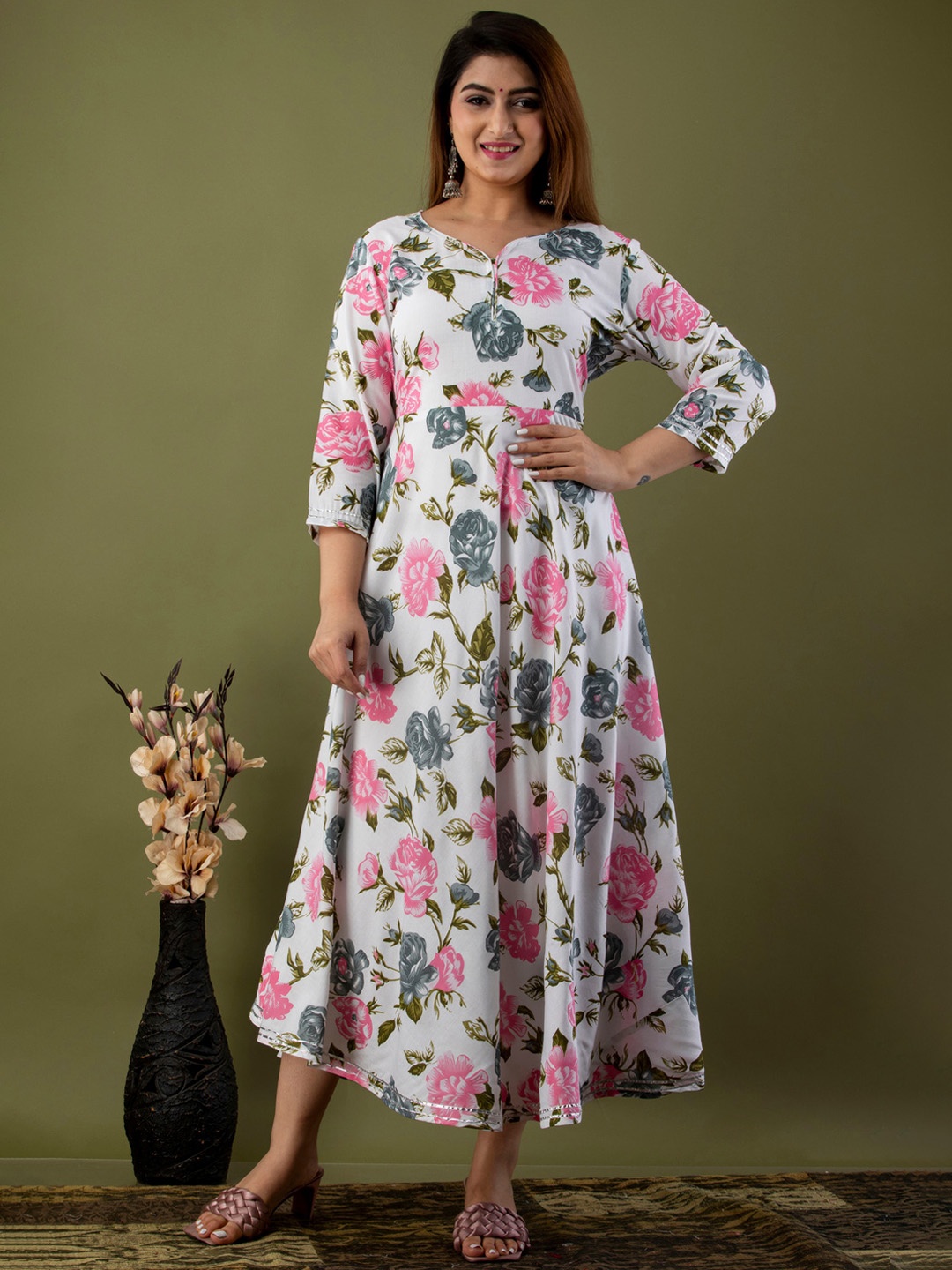 

BARKHA FAB Floral Printed Midi Fit & Flare Dress, White